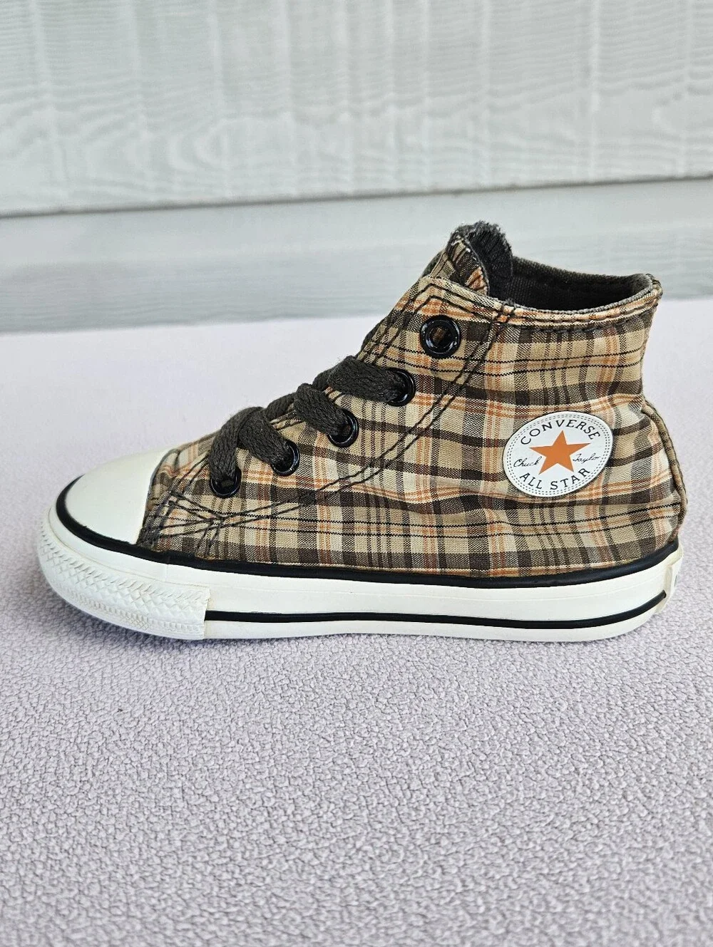 Converse CTAS High TD Brown Plaid Sneaker Toddler SZ 7 Canvas Fall Tie Skate
